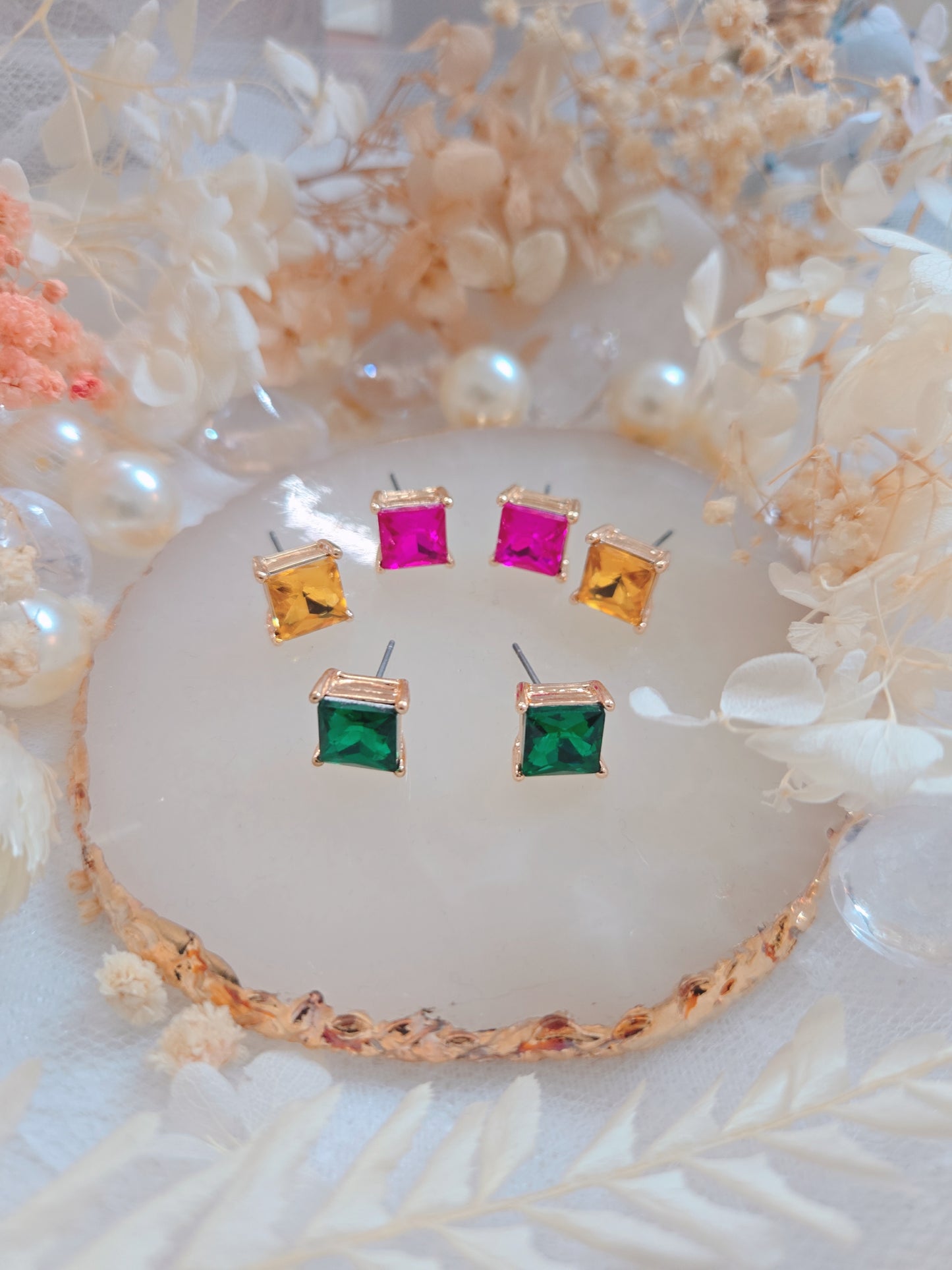 Square 3 set Multi Stone Stud Earring