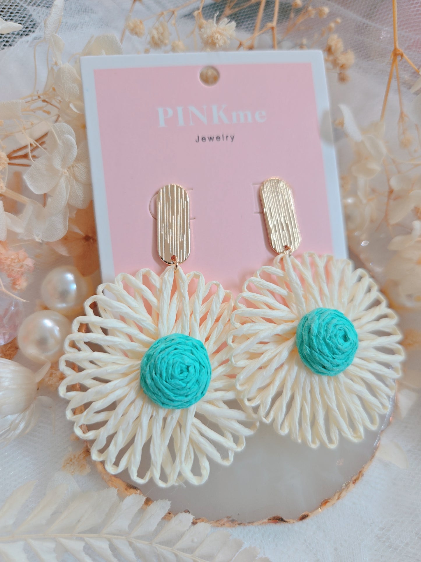 Gold Blue White Straw Style Flower Drop Earring