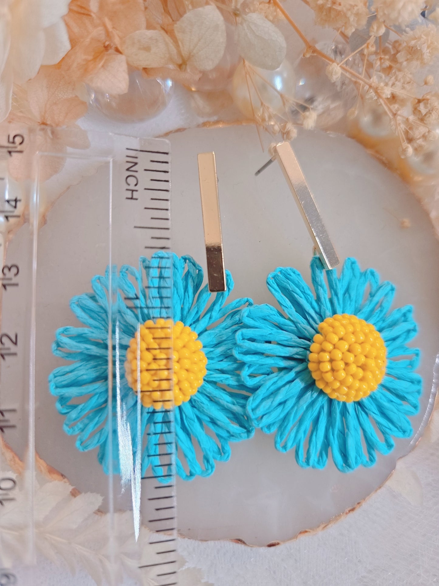 Gold Blue Yellow Flower Drop Earring