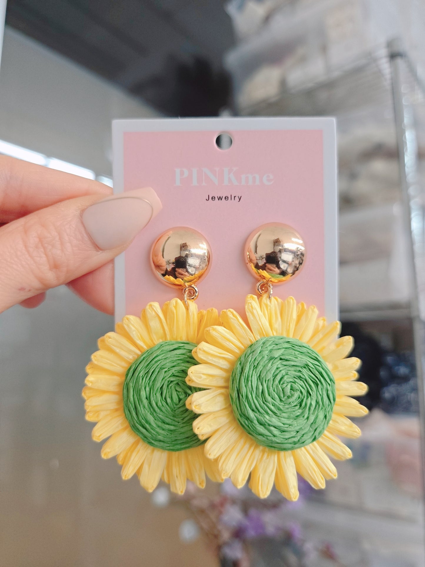 Gold Color Yellow Green Sunflower Drop Earring