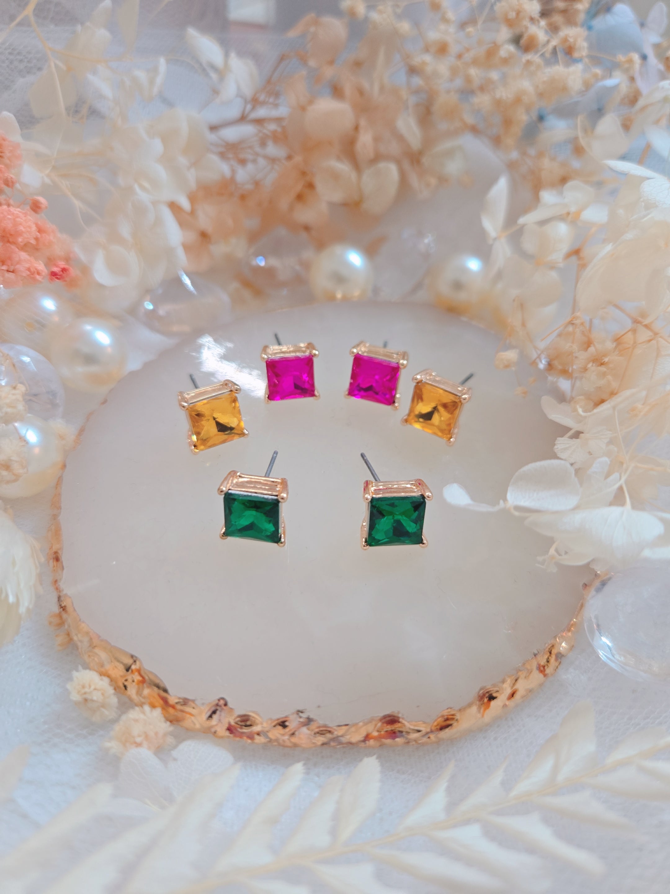 Square 3 set Multi Stone Stud Earring