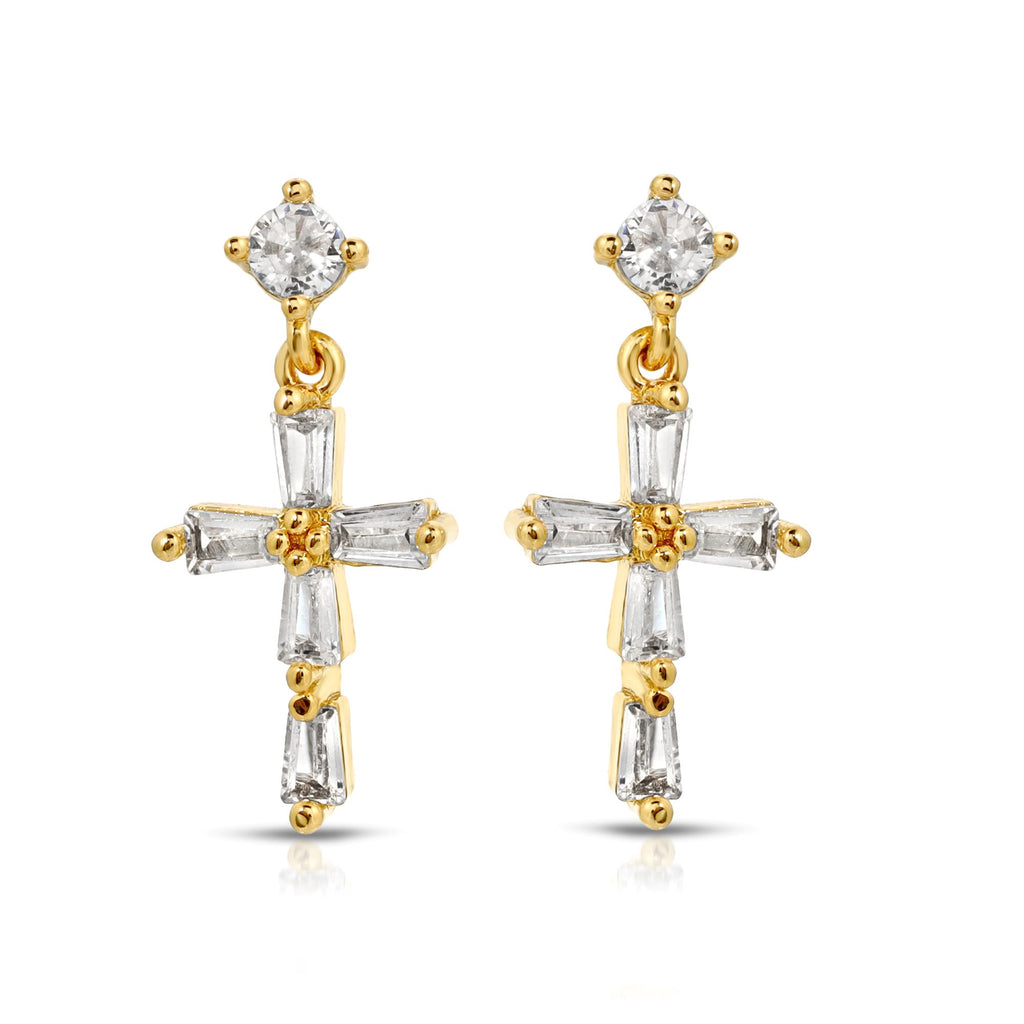 SS071511-Sterling Silver Post Cubic Zirconia Stone Brass Metal Dangle Earrings