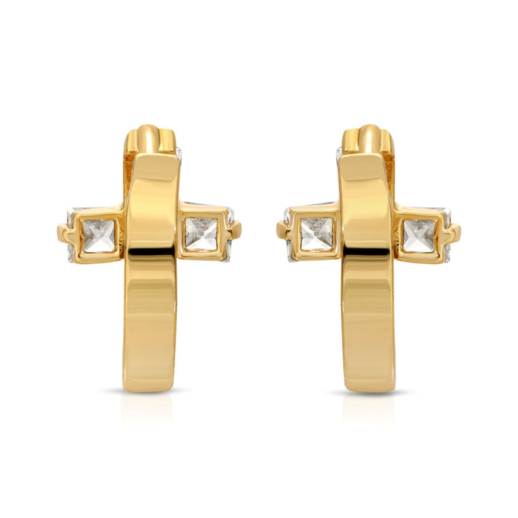 SS071531-Sterling Silver Post Cubic Zirconia Stone Brass Metal Hoop Earrings