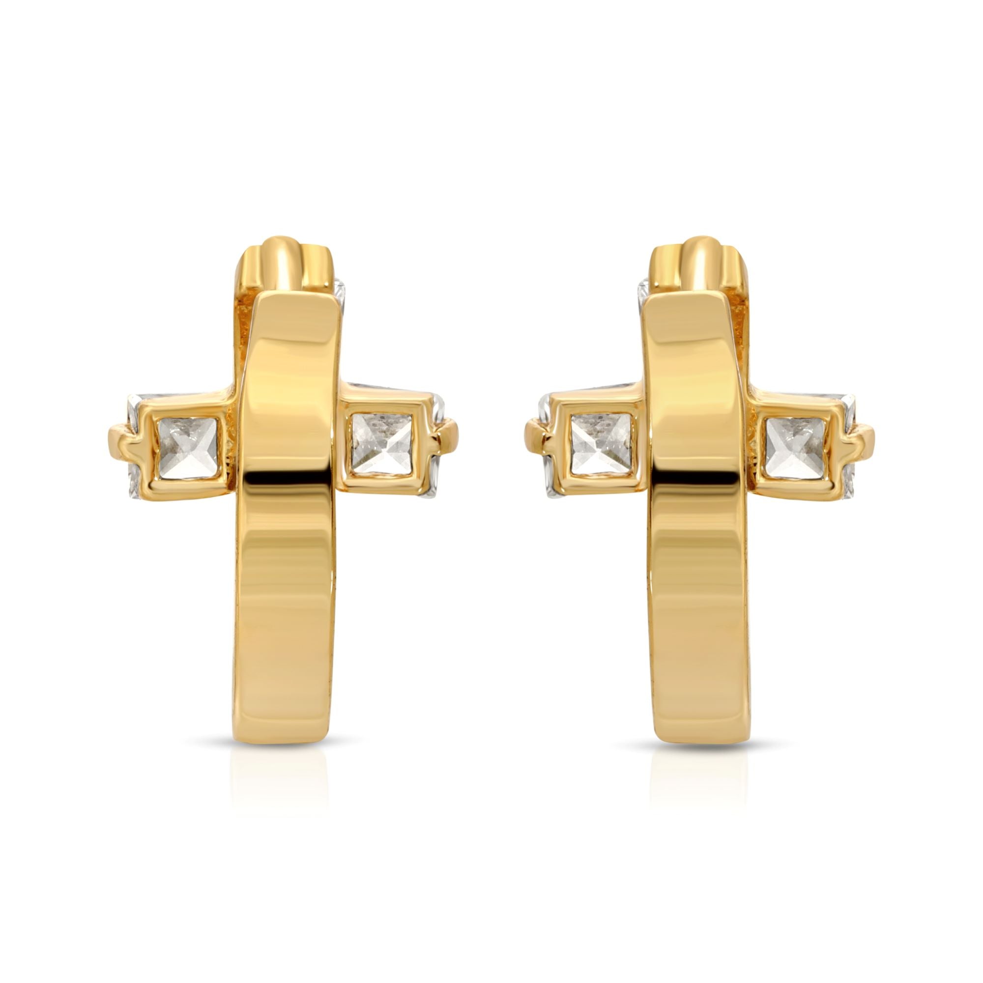 SS071531-Sterling Silver Post Cubic Zirconia Stone Brass Metal Hoop Earrings