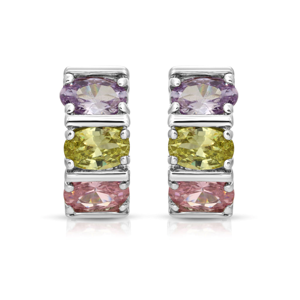 SS071535-Sterling Silver Post Cubic Zirconia Stone Brass Metal Hoop Earrings
