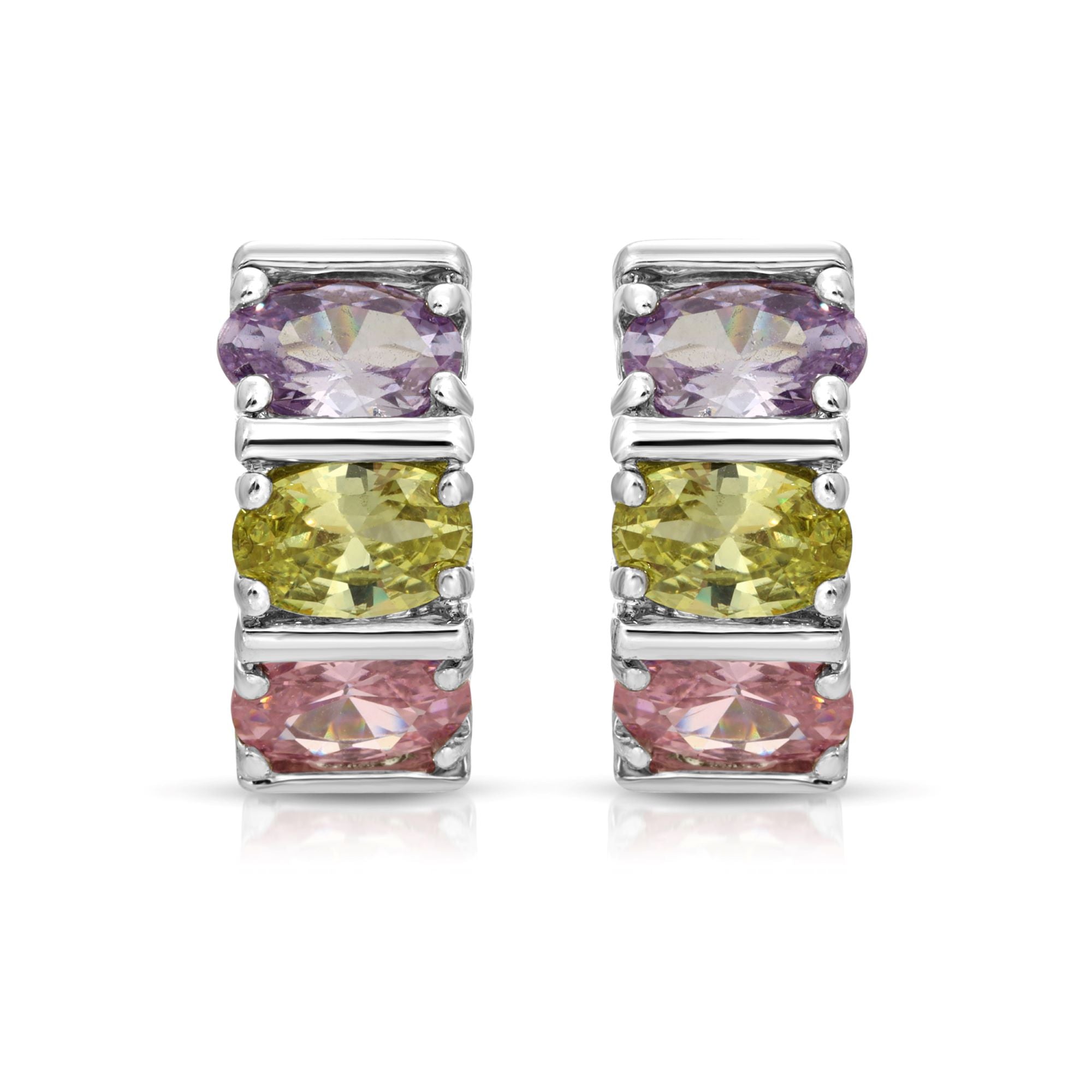 SS071535-Sterling Silver Post Cubic Zirconia Stone Brass Metal Hoop Earrings