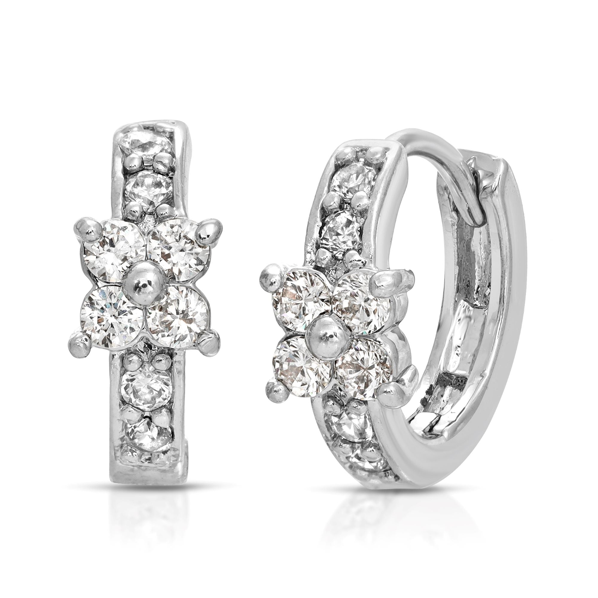 SS071545-Sterling Silver Post Cubic Zirconia Stone Brass Metal Hoop Earrings